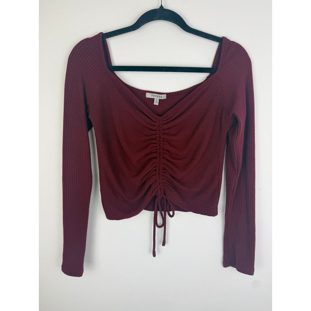 Papaya Womens Long Sleeve Front Ruched Cropped Rib Knit Burgundy Top Medium